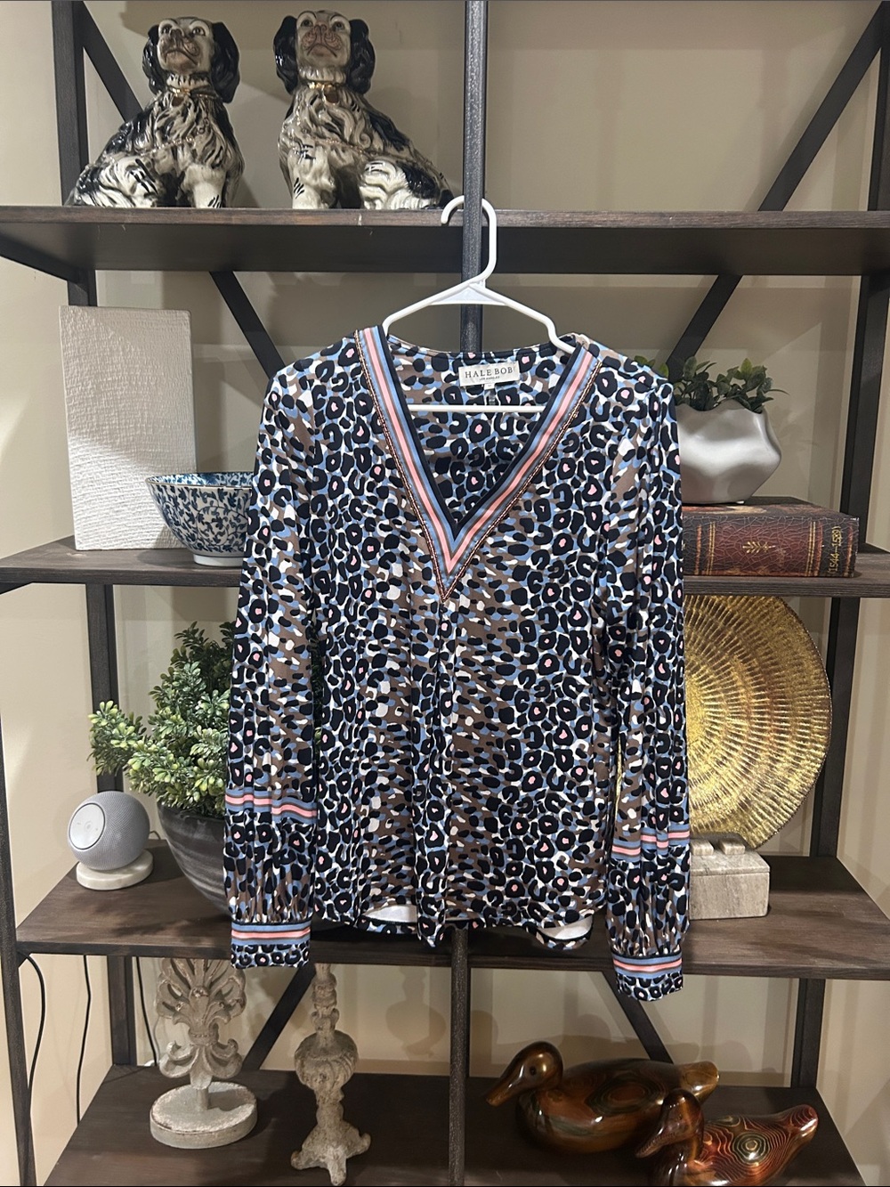 Hale Bob Blue and Brown Leopard V-Neck Long Sleeve Top medium